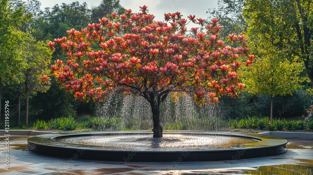 Aufkleber vibrant tulip tree fountain surrounded by lush greenery in a tranquil park setting