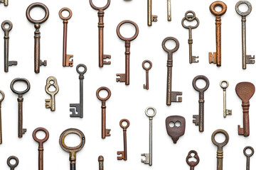 Collection of different old vintage keys isolated on white background