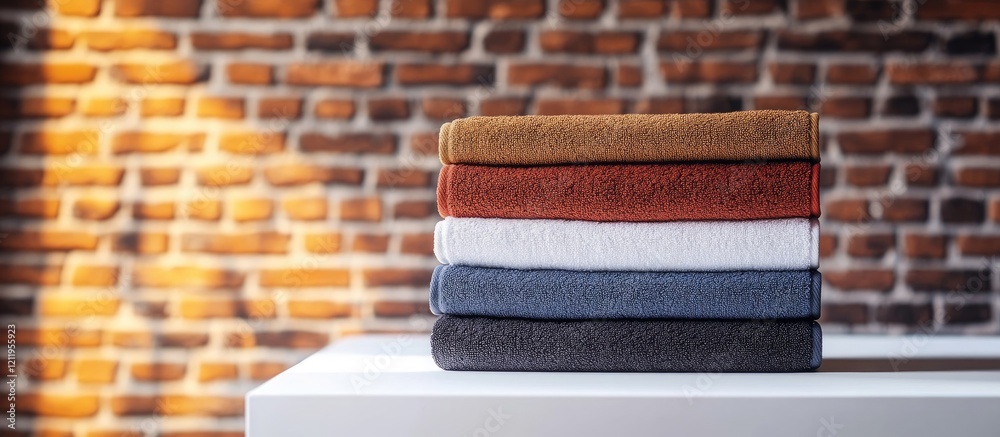 Poster Towels stacked neatly on a white table with blurred rustic brick background perfect for product display and advertising concept