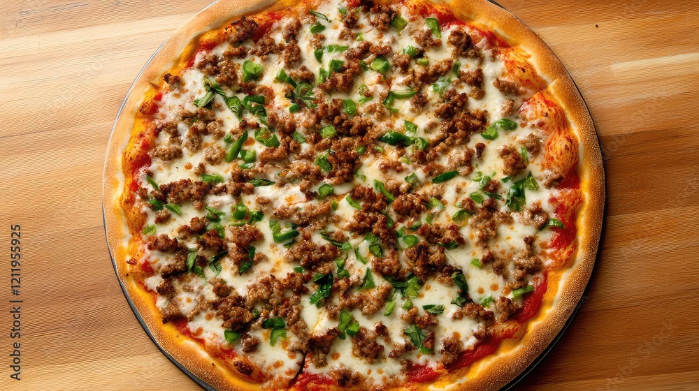 Aufkleber aerial view of a delicious large round pizza topped with savory sausage and green bell peppers on a 