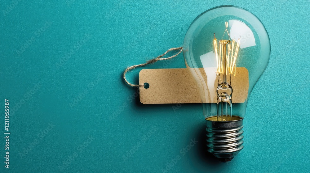 Aufkleber illuminated vintage light bulb with a blank kraft paper label on a vibrant teal background, top view