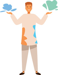 Young man celebrating holi festival holding colorful gulal powder in his hands, enjoying traditional indian celebration