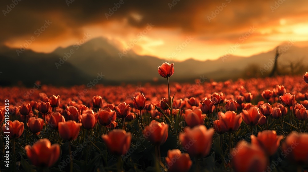 Poster tulip field at sunset with mountains in the background showcasing vibrant blooms in a serene spring 