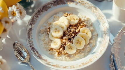 Elegant top view of a porcelain bowl filled with creamy oatmeal topped with fresh banana slices and granola on a bright table setting