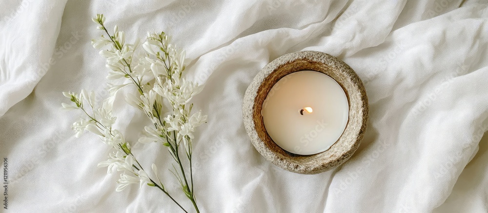 Poster minimalist flat lay of cracked stone bowl with white candle next to delicate linaria branch on soft 