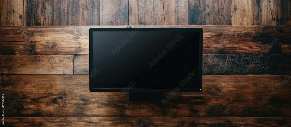 Poster Aerial view of a modern black monitor on a rustic wooden table with ample negative space for text and branding elements.