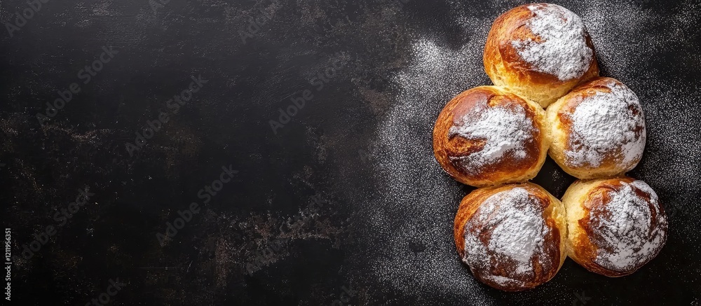 Aufkleber freshly baked chocolate brioche buns dusting with powdered sugar on dark textured surface with negat