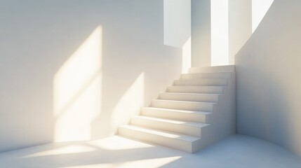 Minimalist Abstract Interior Design with White Walls and Sunlit Stairs Highlighting Light and Space for Creative Solutions and Climate Awareness