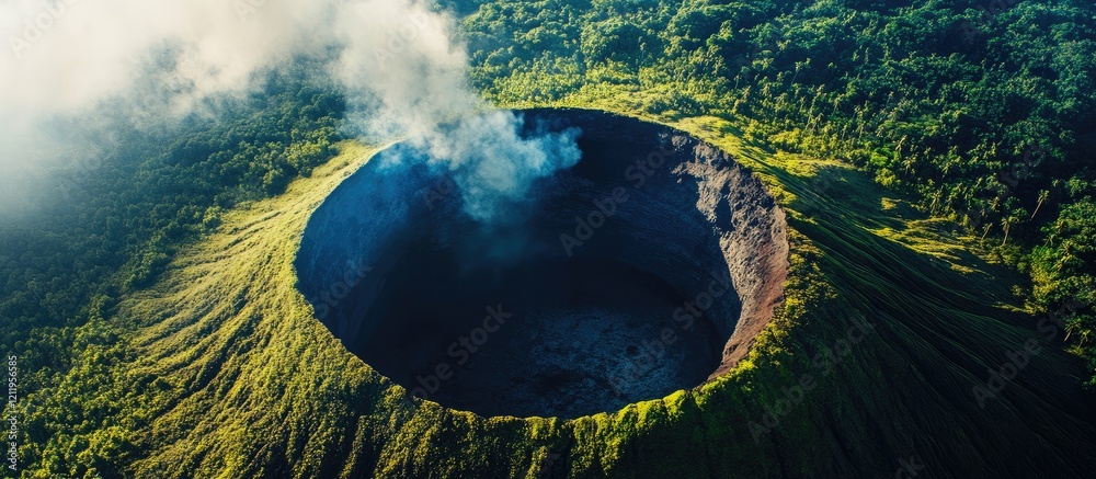Poster aerial view of a dormant volcano crater on a lush tropical island surrounded by greenery and clouds 