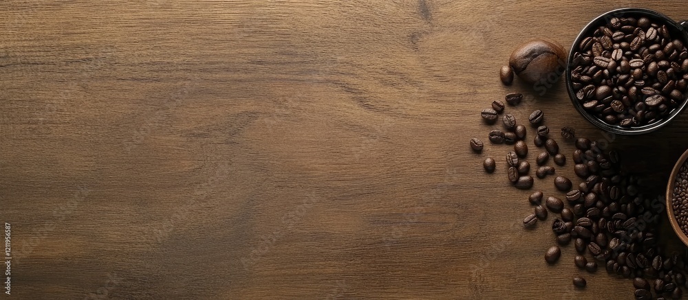 Poster top view of roasted coffee beans in black bowls and a white cup on a rustic brown wooden table with 
