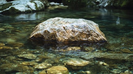 Fototapeta premium Stone rock in a clear fresh river surrounded by pebbles and water reflecting natural scenery.
