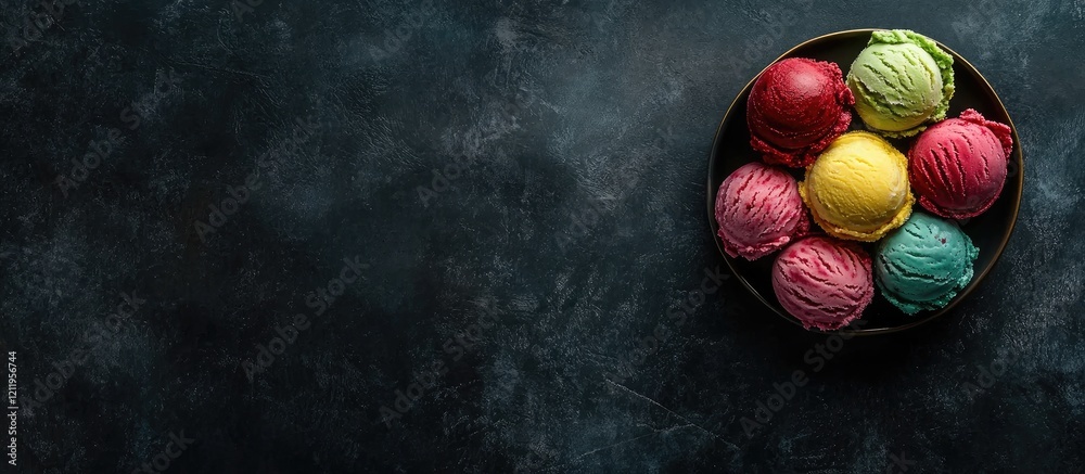 Aufkleber colorful gelato scoops arrangement in round bowl on dark textured background with space for branding
