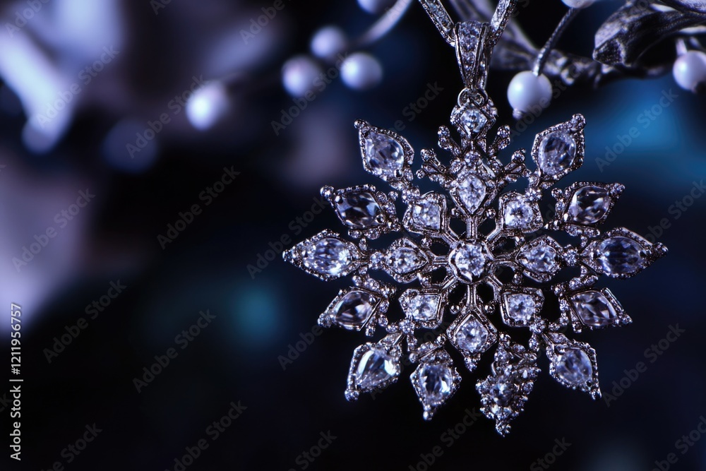 Poster A delicate diamond-shaped snowflake hangs from a bare tree branch, with winter scenery in the background