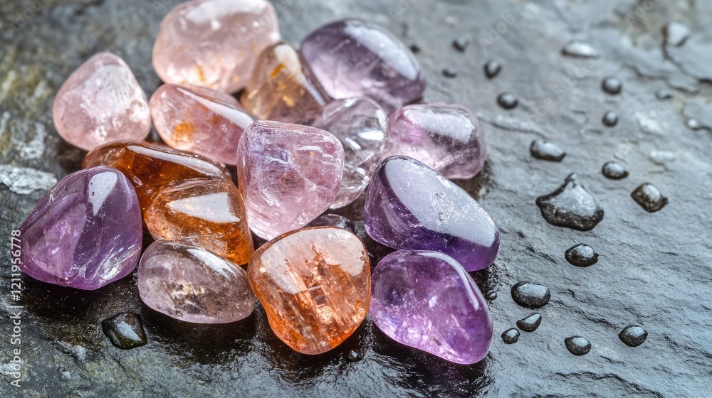 Aufkleber ametrine gemstones displayed on slate surface enhanced by dew drops and natural lighting