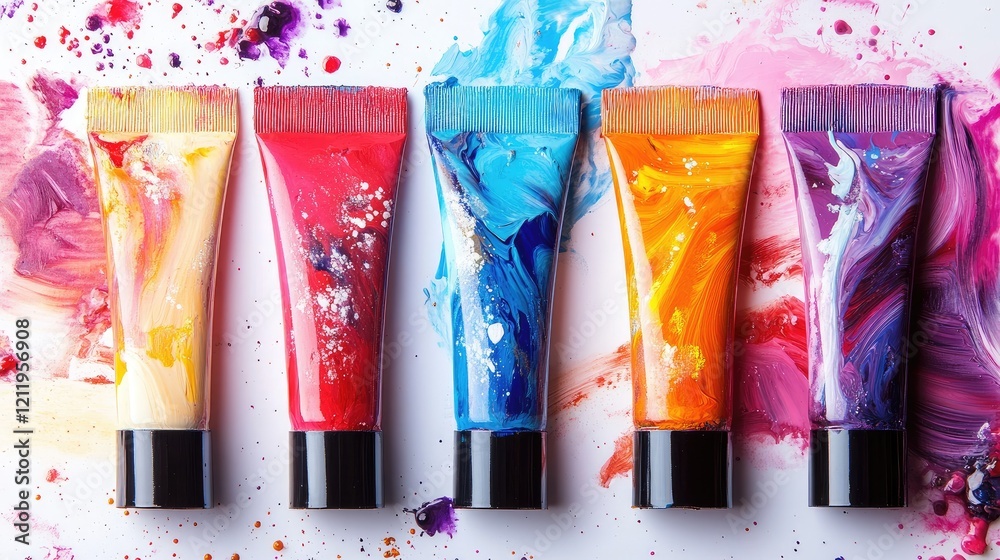 Aufkleber vibrant tubes of oil paint arranged on a white surface with colorful swirls of paint in the backgrou