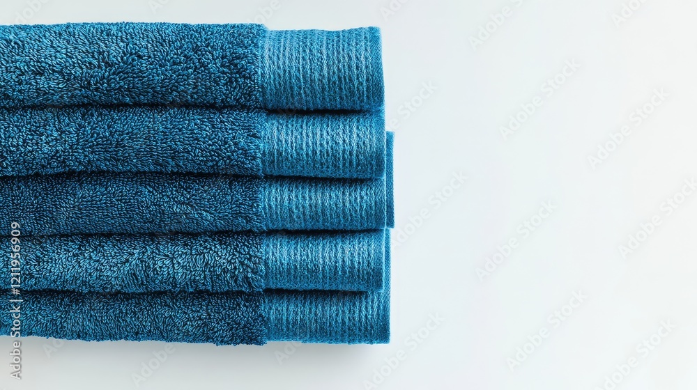 Aufkleber clean folded blue towels neatly stacked on a bright white background showcasing texture and color co