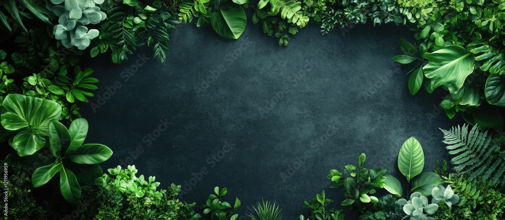 Poster Top View of Lush Green Foliage with Dark Background Design for Freelance Website Template Featuring Blank Space for Text and Coding Elements