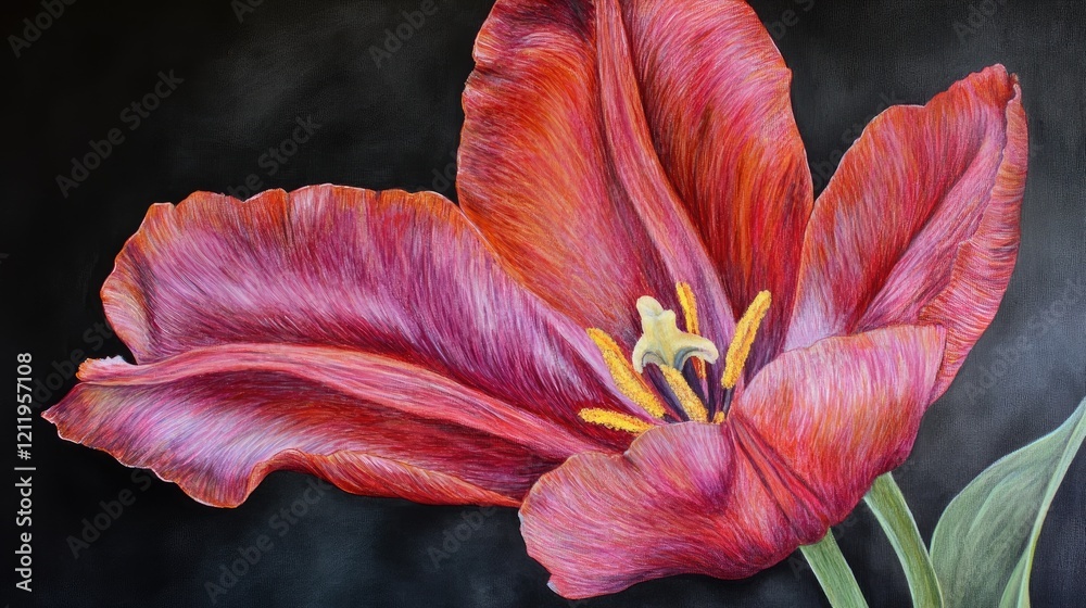 Poster vibrant close-up of a red tulip showcasing detailed petals and stamen against a dark background for 