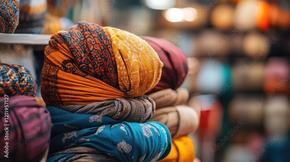 Aufkleber traditional turban display in market with blurred colorful background of fabrics and textiles