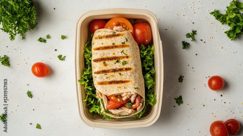 Poster grilled tuna wrap sandwich with fresh tomatoes and lettuce served in a biodegradable container on a 