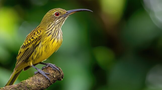 Streaked spiderhunter perched on a branch showcasing vibrant plumage in a lush green environment.