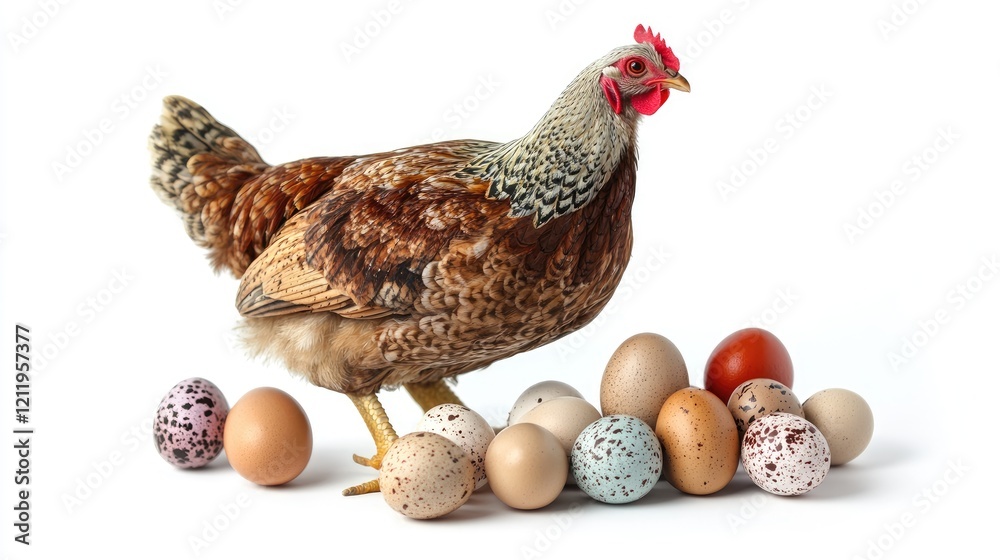 Poster turkey chicken and quail eggs displayed with a hen on a clean white background for culinary or agric