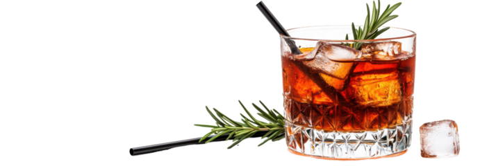 Isolated old fashioned cocktail with ice and rosemary