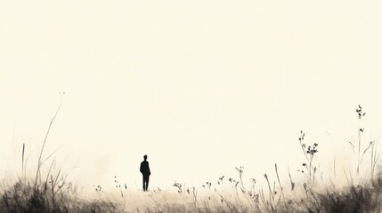 Solitary figure standing in a field of tall grass under a hazy sky.