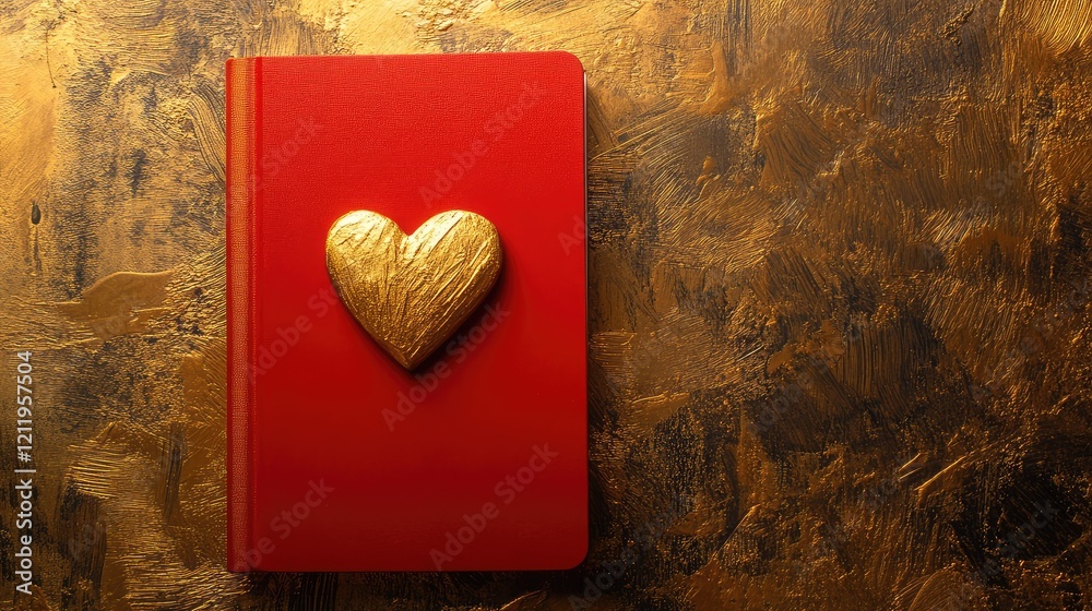 Poster Red notebook featuring a textured golden heart positioned on a shimmering golden background, emphasizing elegance and warmth in a minimalist setting.