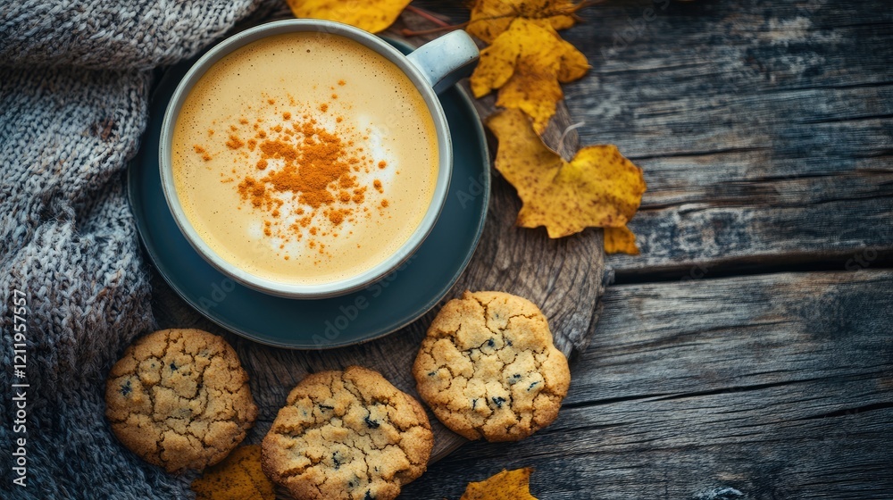 Poster turmeric latte with cookies on rustic table surrounded by autumn leaves soft light enhances warm coz
