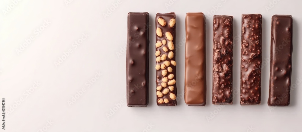 Aufkleber Assorted chocolate bars in various fillings displayed from a top view on a light gray background with empty space for text.