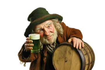 Transparent PNG image of  Irish folklore character Leprechaun holding a beer. St. Patrick's Day character.