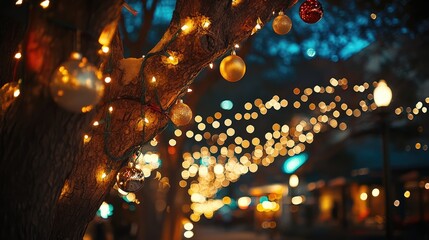 Festive tree adorned with glowing garlands and ornaments illuminating a charming street during nighttime celebrations.