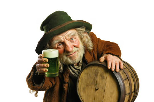 Transparent PNG image of  Irish folklore character Leprechaun holding a beer. St. Patrick's Day character.