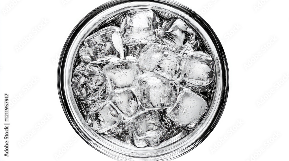 Aufkleber crystal clear ice cubes in a transparent glass viewed from above, highlighting the refreshing nature