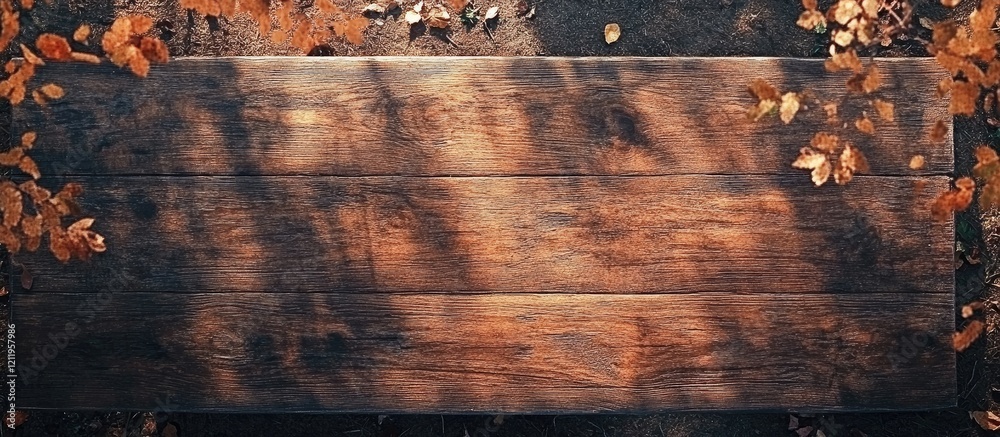 Poster Wooden tabletop or desk surrounded by autumn foliage with sunlight creating patterns and ample space for text or graphic overlay
