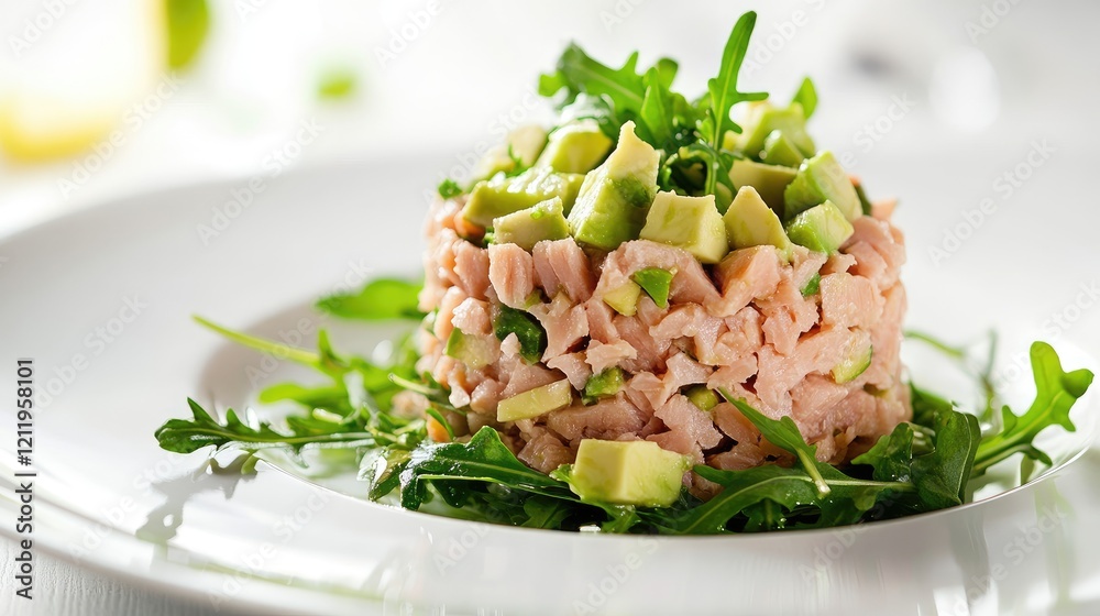 Poster tuna salad with avocado and arugula beautifully presented on a white plate with a light background s