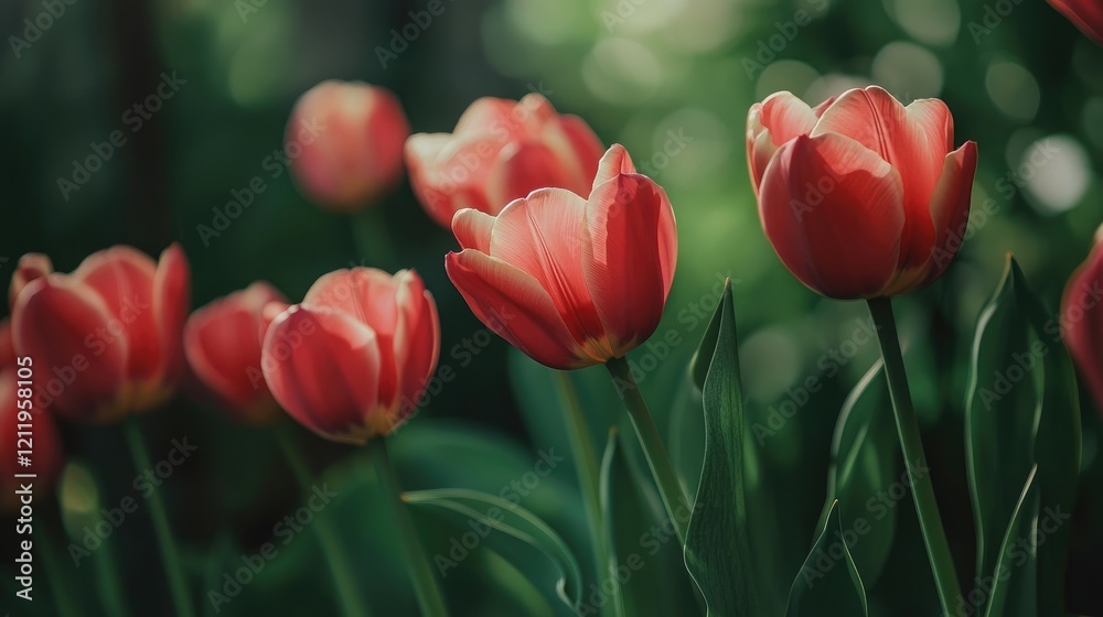 Poster vibrant red tulips blooming in a lush garden setting basking in soft sunlight creating a serene and 