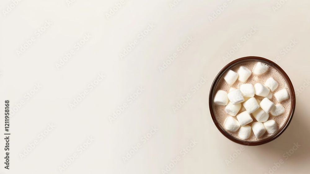 Poster Top view of a brown cocoa cup filled with frothy chocolate and white marshmallows on a soft beige background for cozy beverage concepts