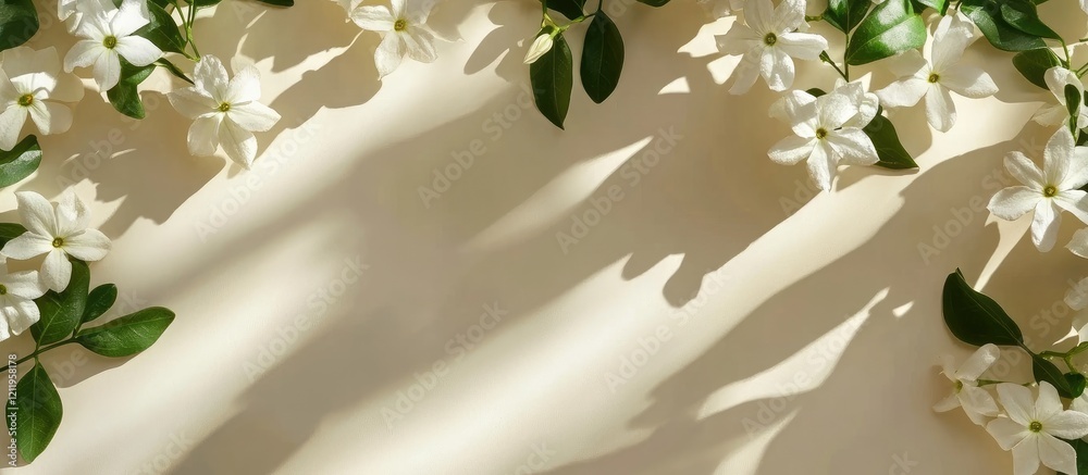 Poster elegant white jasmine flowers with lush green leaves casting soft shadows on a light beige backgroun
