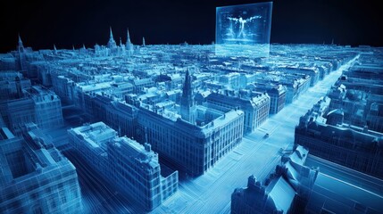 Fototapeta premium Cityscape 3D model, medical scan overlay, urban health monitoring