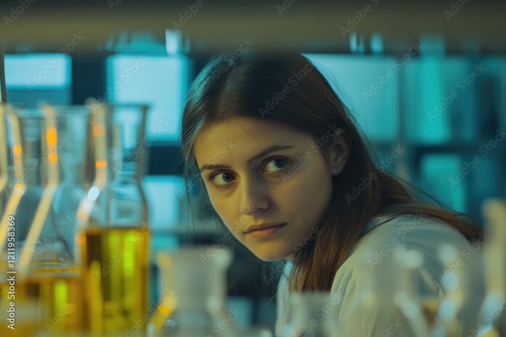 Aufkleber A scientist looking directly at the camera in a white lab coat, with a neutral expression
