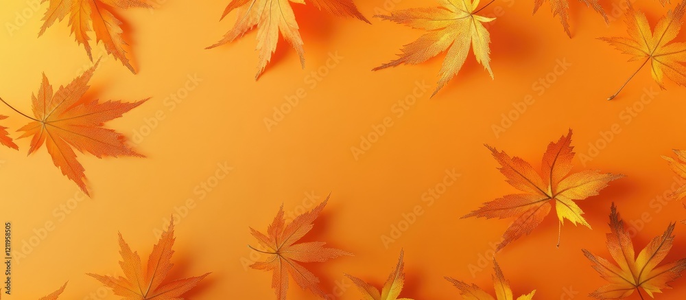Poster autumn flat lay composition with vibrant orange maple leaves on a soft pastel orange background idea