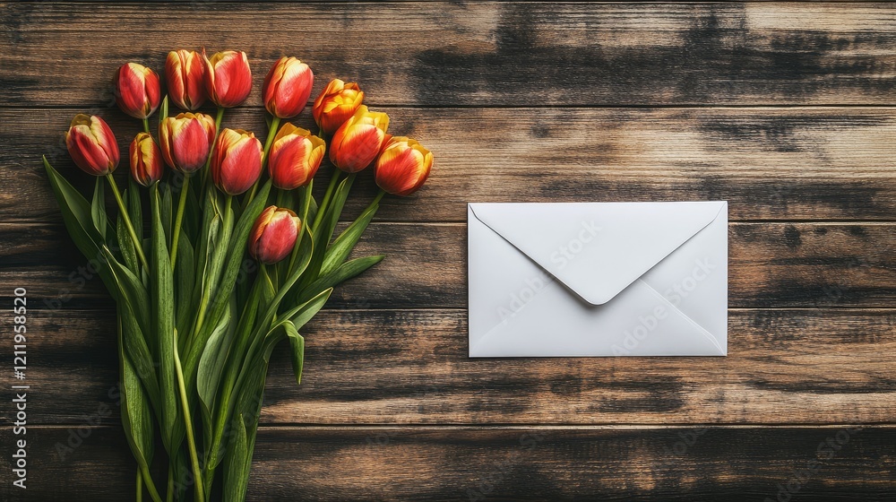 Poster Tulip bouquet and white envelope on rustic wooden background with blank space for personalized message or greeting card design