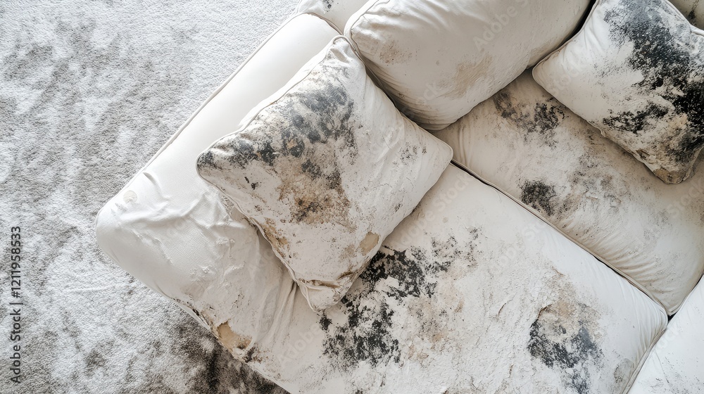 Aufkleber scandinavian living room with a top view of a worn grey and white textile sofa in the corner under b