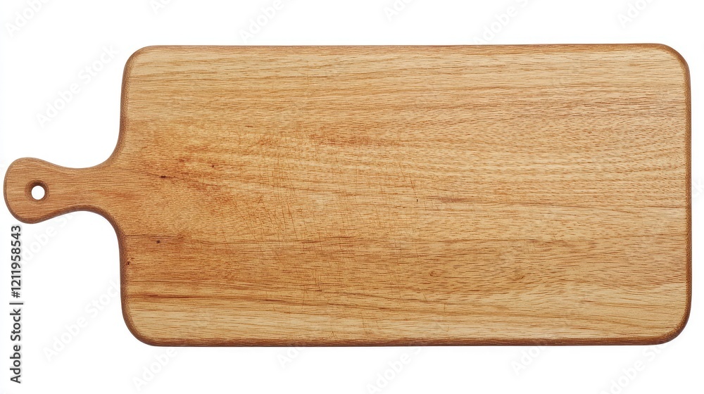 Aufkleber rectangular wooden cutting board with handle in natural wood tones viewed from above on a white back