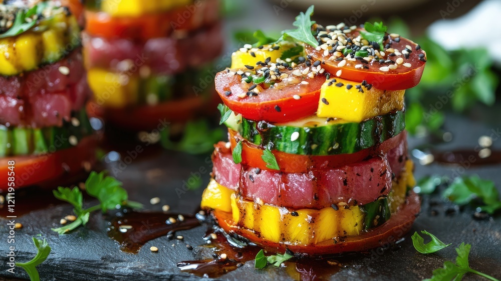 Poster Tuna sushi stacks with fresh mango cucumber tomatoes topped with sesame seeds and balsamic glaze on a slate serving board