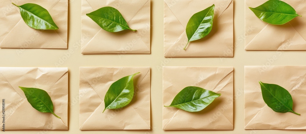 Aufkleber Top View of Blank Craft Paper Envelopes Arranged with Fresh Green Leaves on Soft Beige Background for Natural and Eco-Friendly Concepts