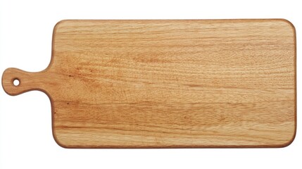 Rectangular wooden cutting board with handle in natural wood tones viewed from above on a white background, ideal for kitchen and cooking imagery.