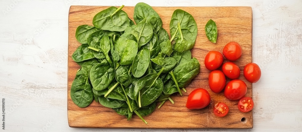 Poster top view of vibrant green cooked spinach leaves and ripe red tomatoes on a rustic wooden cutting boa